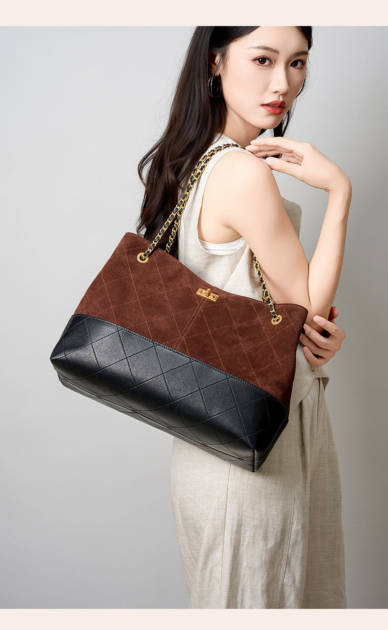Suede Leather Bucket Bag Chain Strap Shoulder Crossbody Bag Large Capacity Top Handle Work Tote 