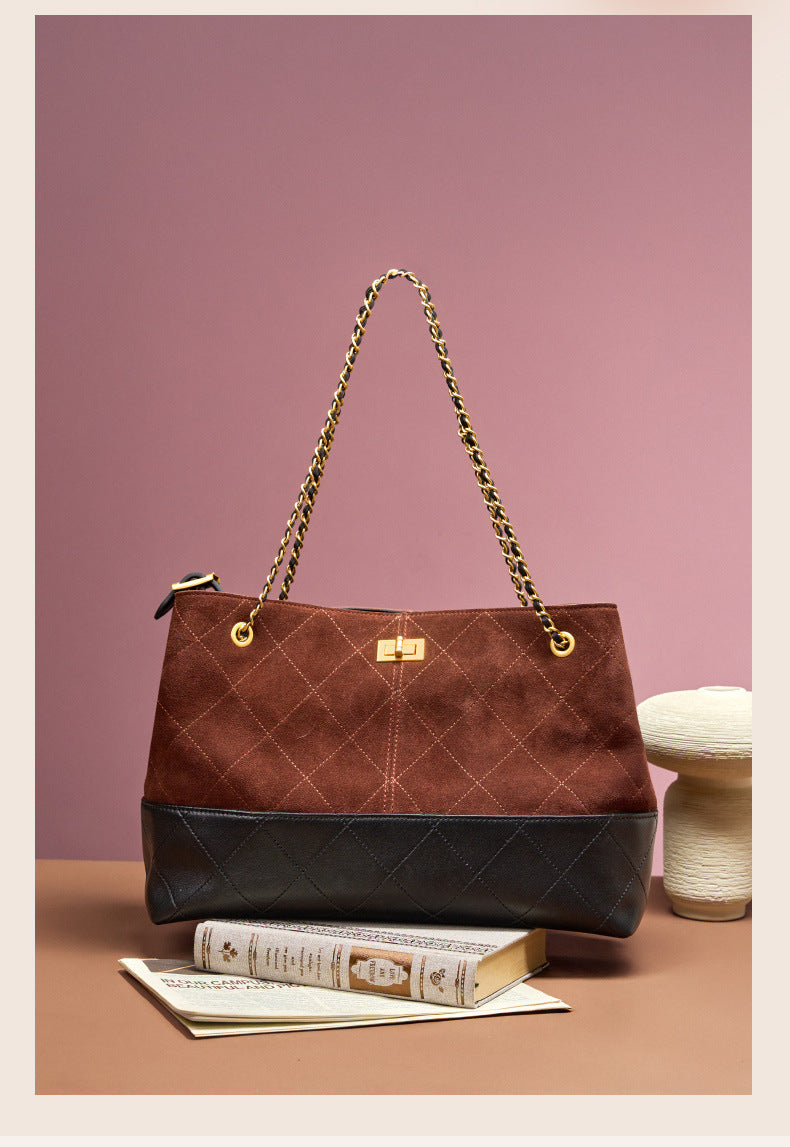 Suede Leather Bucket Bag Chain Strap Shoulder Crossbody Bag Large Capacity Top Handle Work Tote 