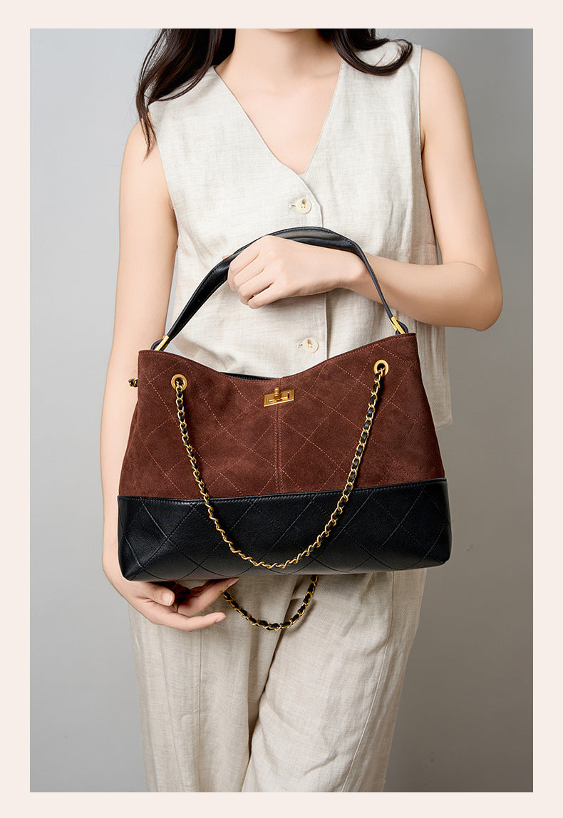 Suede Leather Bucket Bag Chain Strap Shoulder Crossbody Bag Large Capacity Top Handle Work Tote 