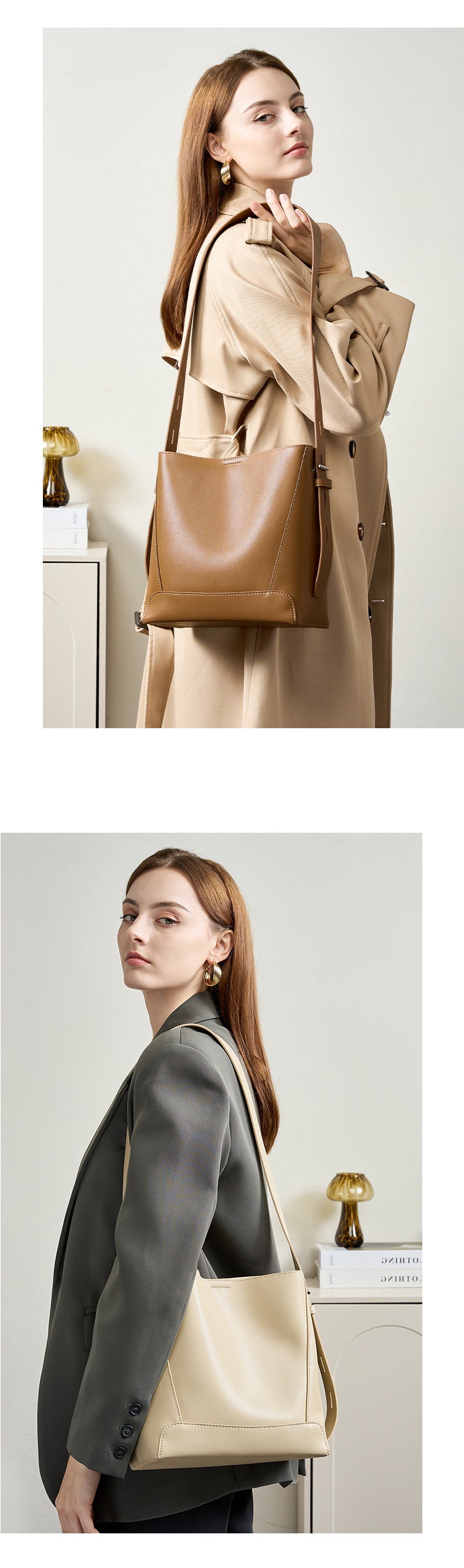 Genuine Leather Bucket Bag Large Capacity Tote Shoulder Crossbody Bag for Women 