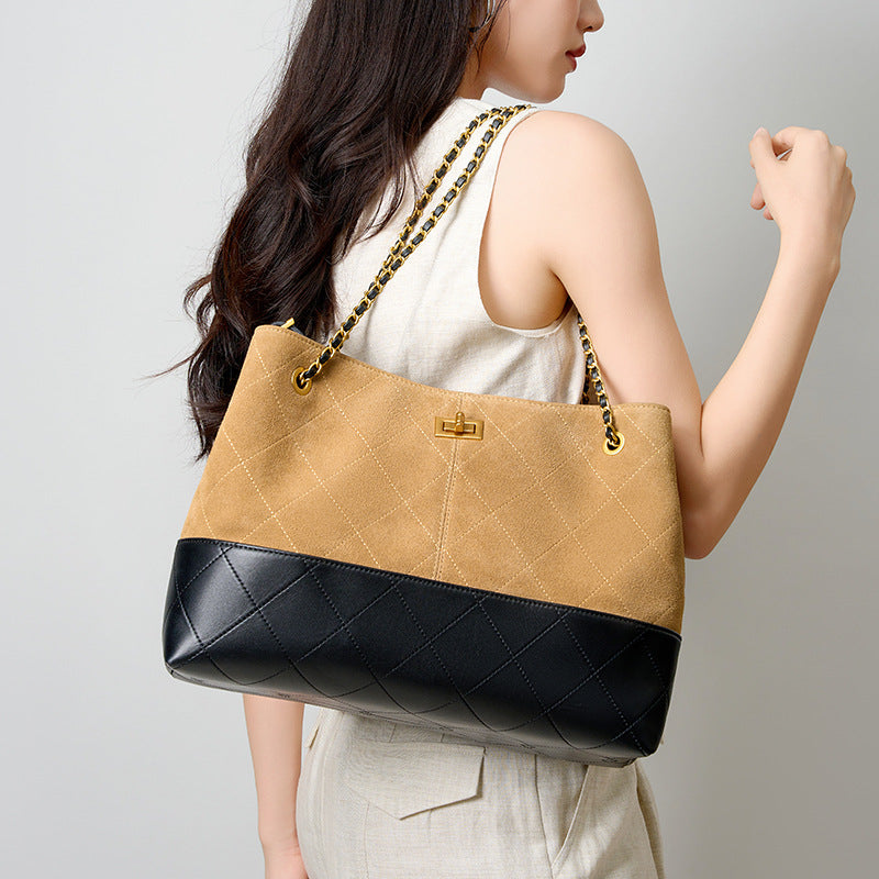 Suede Leather Bucket Bag Chain Strap Shoulder Crossbody Bag Large Capacity Top Handle Work Tote 