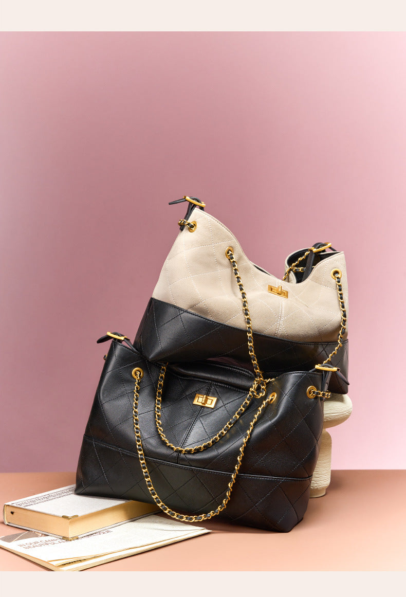 Suede Leather Bucket Bag Chain Strap Shoulder Crossbody Bag Large Capacity Top Handle Work Tote 