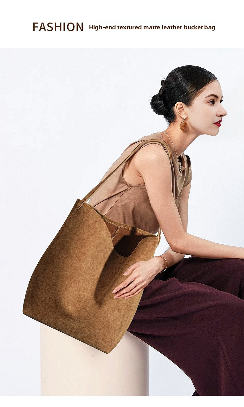 Vintage Suede Bucket Bag Nubuck Leather Handbag Shoulder Tote Large Capacity Work Bag 