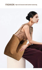Vintage Suede Bucket Bag Nubuck Leather Handbag Shoulder Tote Large Capacity Work Bag 
