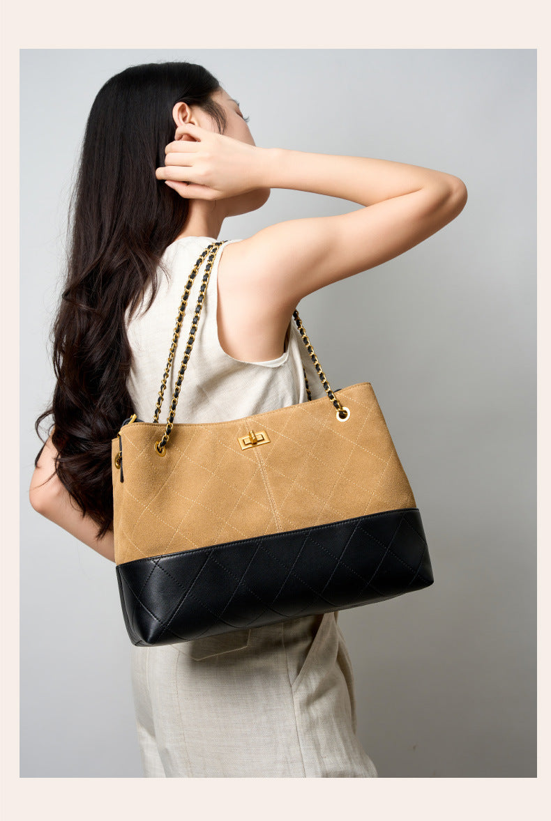Suede Leather Bucket Bag Chain Strap Shoulder Crossbody Bag Large Capacity Top Handle Work Tote 