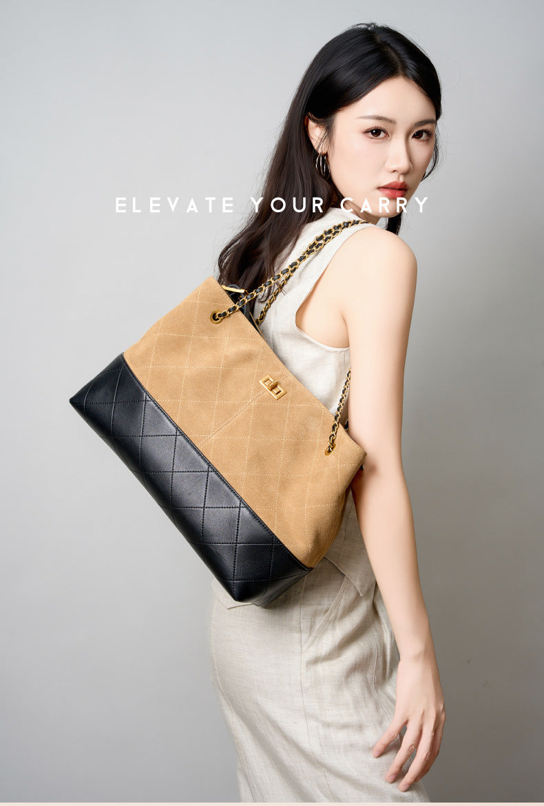 Suede Leather Bucket Bag Chain Strap Shoulder Crossbody Bag Large Capacity Top Handle Work Tote 