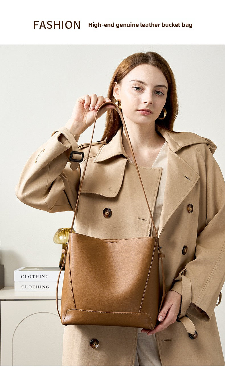 Genuine Leather Bucket Bag Large Capacity Tote Shoulder Crossbody Bag for Women 