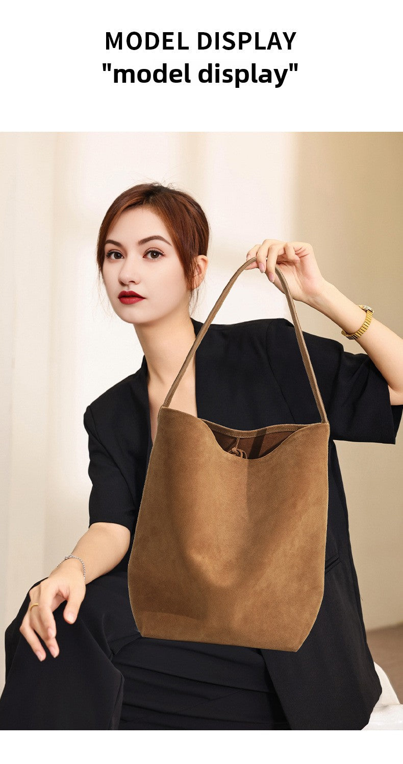 Vintage Suede Bucket Bag Nubuck Leather Handbag Shoulder Tote Large Capacity Work Bag 