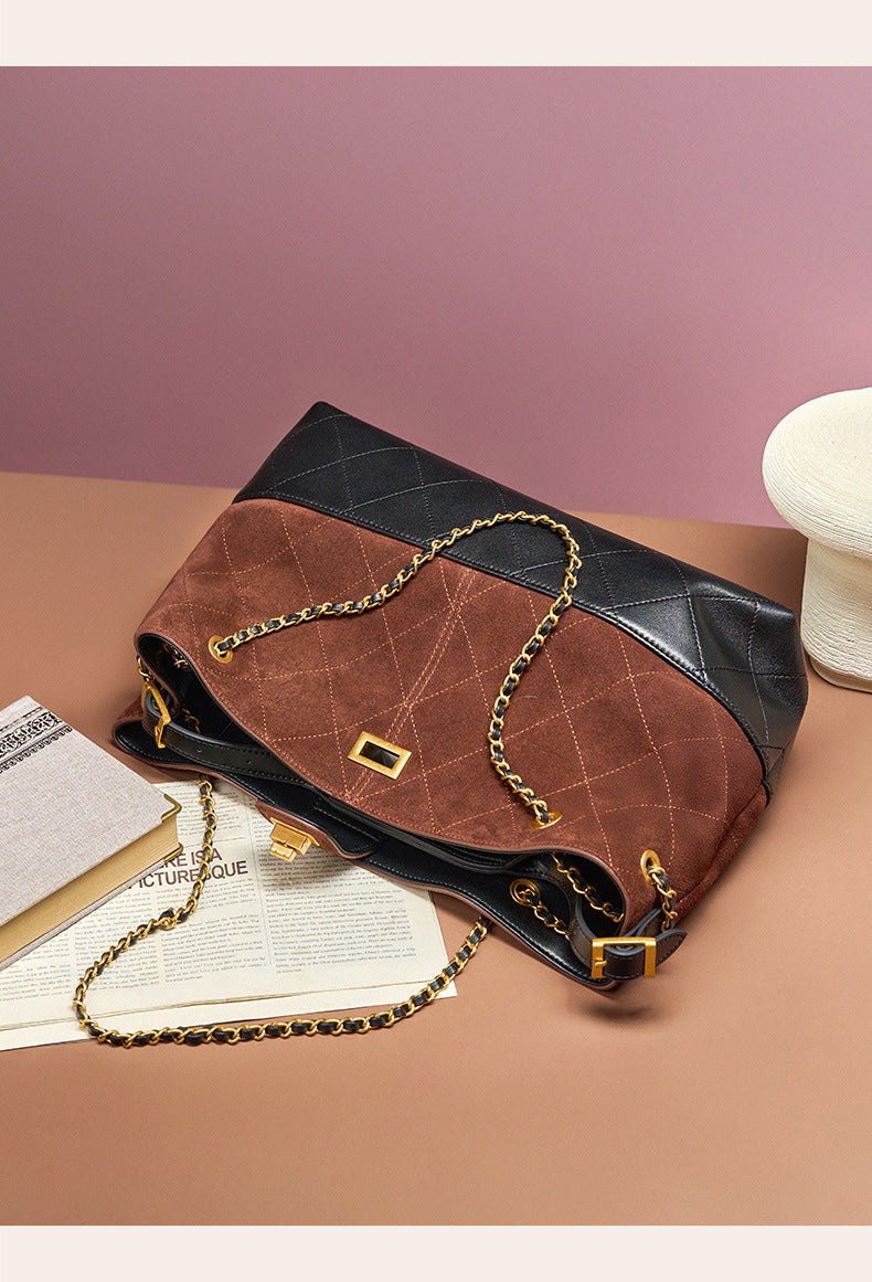 Suede Leather Bucket Bag Chain Strap Shoulder Crossbody Bag Large Capacity Top Handle Work Tote 