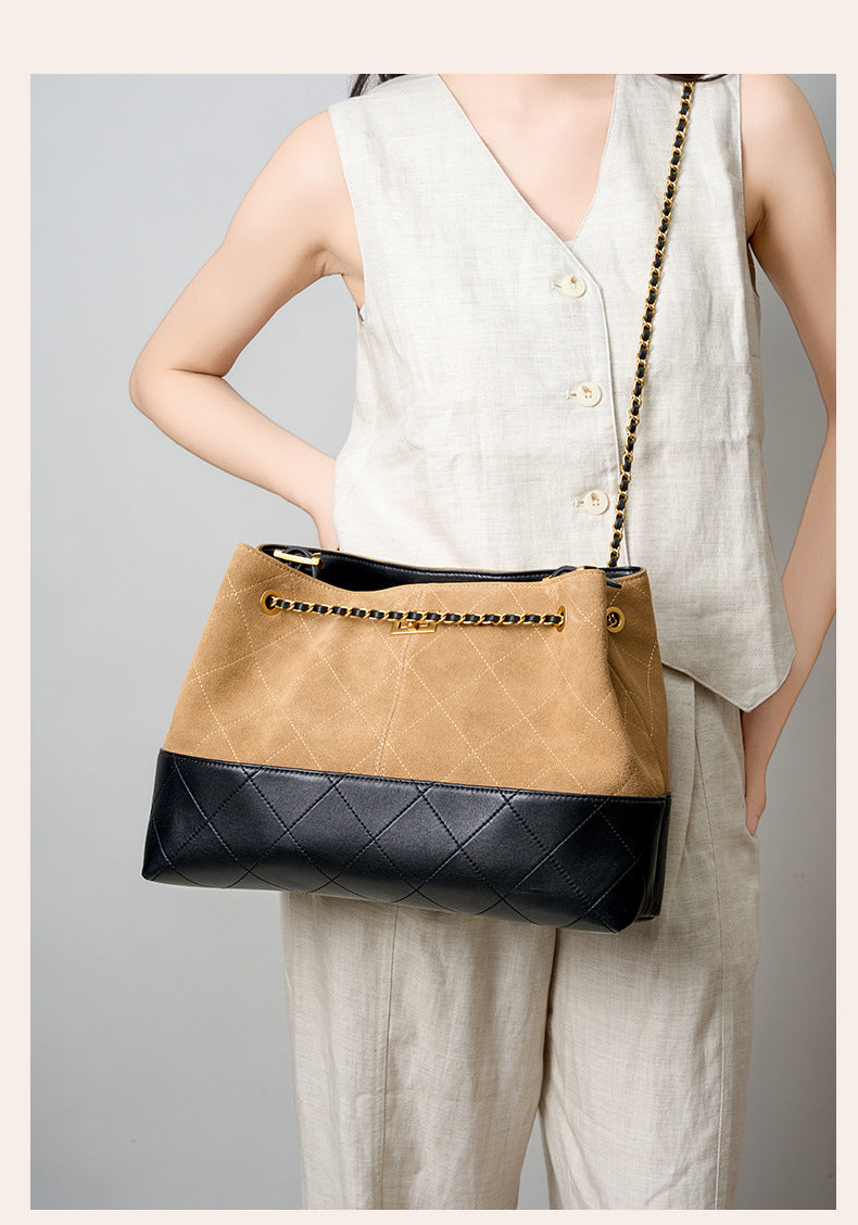 Suede Leather Bucket Bag Chain Strap Shoulder Crossbody Bag Large Capacity Top Handle Work Tote 