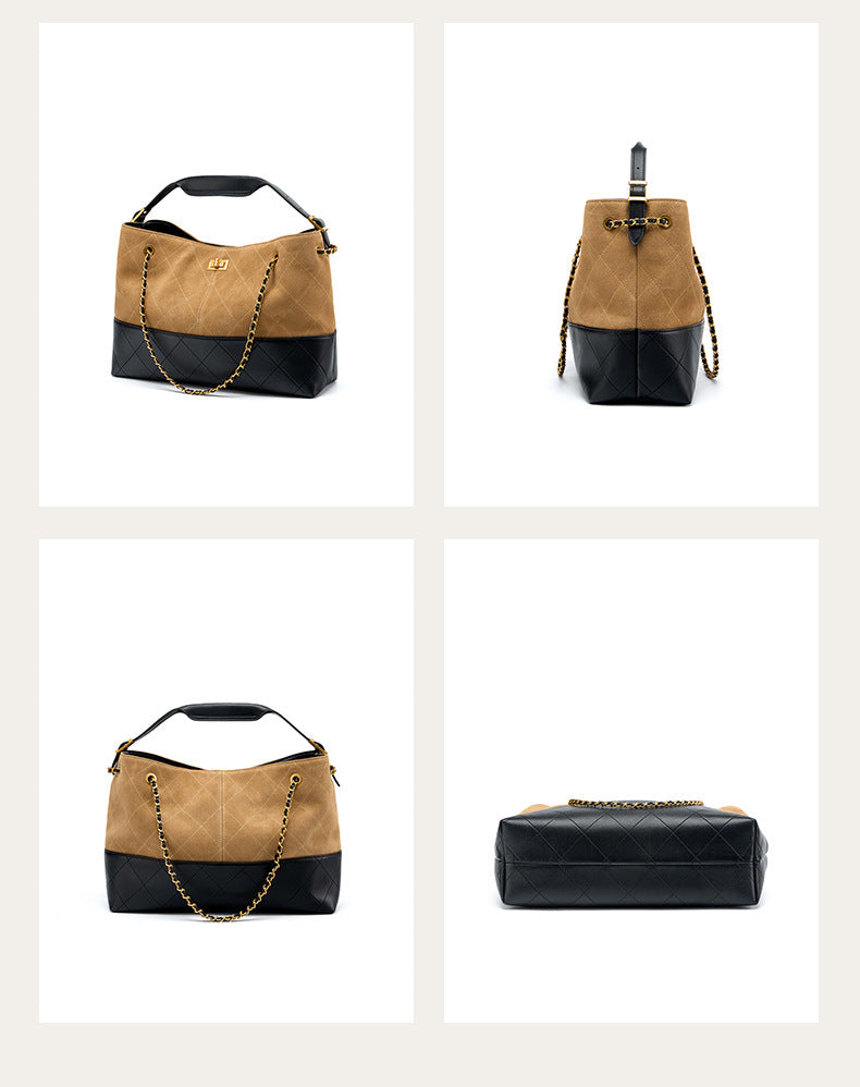 Suede Leather Bucket Bag Chain Strap Shoulder Crossbody Bag Large Capacity Top Handle Work Tote 