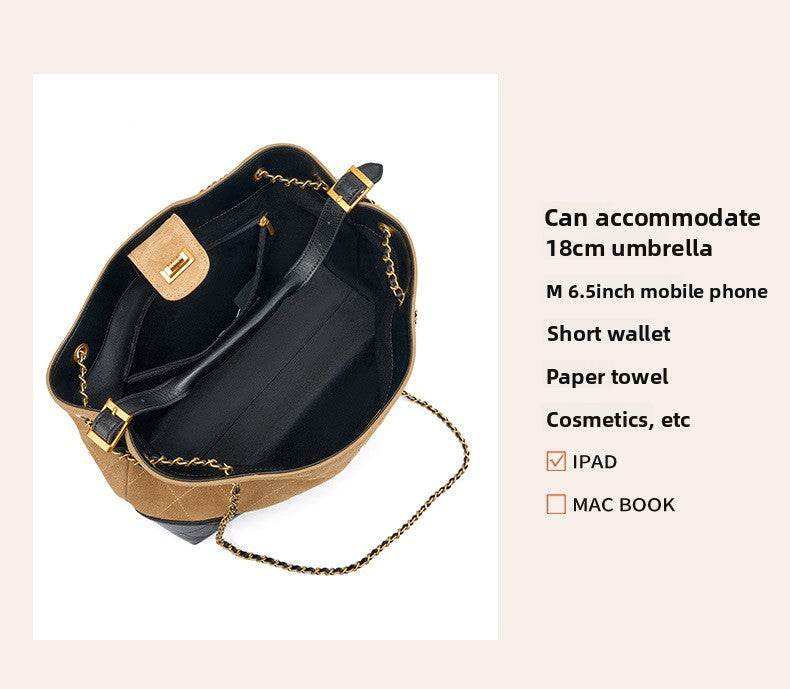 Suede Leather Bucket Bag Chain Strap Shoulder Crossbody Bag Large Capacity Top Handle Work Tote 