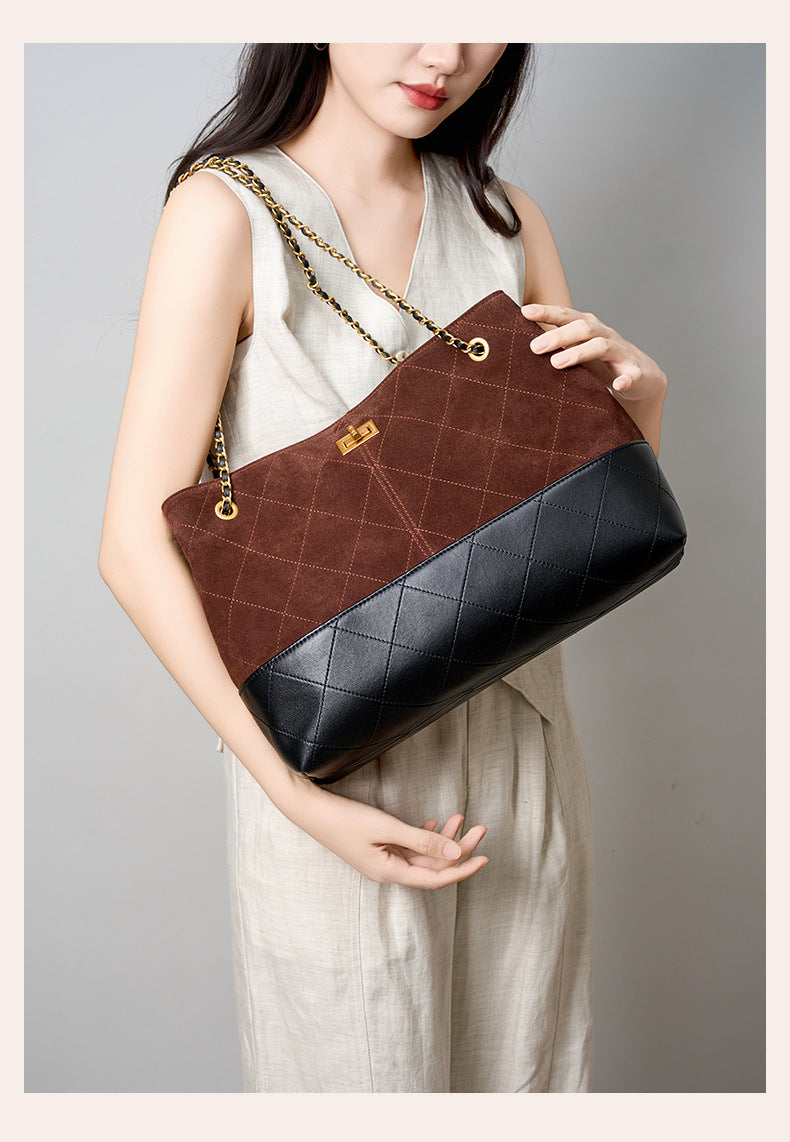 Suede Leather Bucket Bag Chain Strap Shoulder Crossbody Bag Large Capacity Top Handle Work Tote 