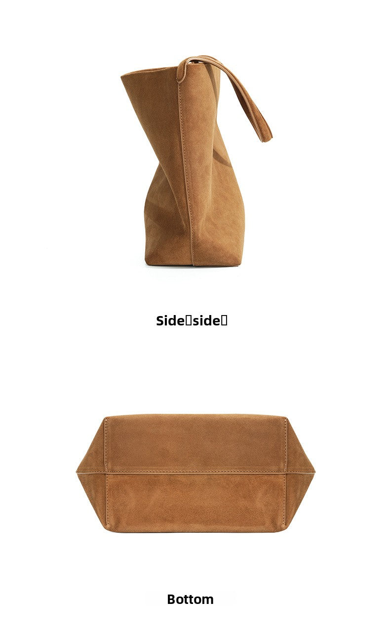 Vintage Suede Bucket Bag Nubuck Leather Handbag Shoulder Tote Large Capacity Work Bag 