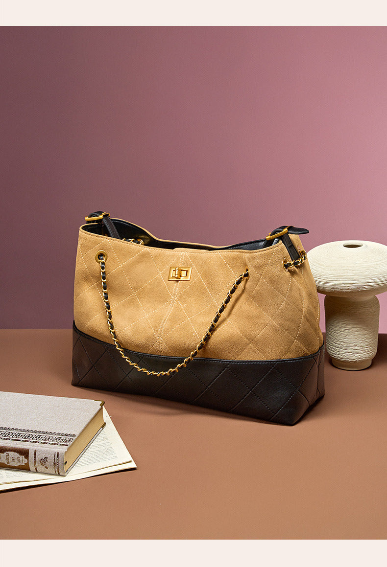 Suede Leather Bucket Bag Chain Strap Shoulder Crossbody Bag Large Capacity Top Handle Work Tote 