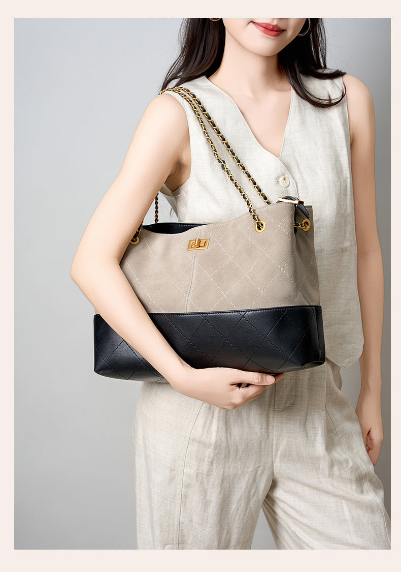 Suede Leather Bucket Bag Chain Strap Shoulder Crossbody Bag Large Capacity Top Handle Work Tote 