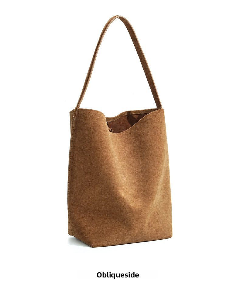 Vintage Suede Bucket Bag Nubuck Leather Handbag Shoulder Tote Large Capacity Work Bag 