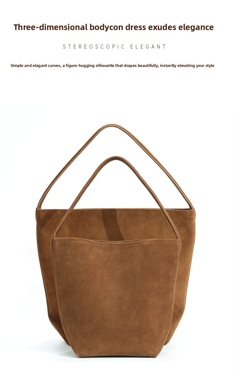 Vintage Suede Bucket Bag Nubuck Leather Handbag Shoulder Tote Large Capacity Work Bag 