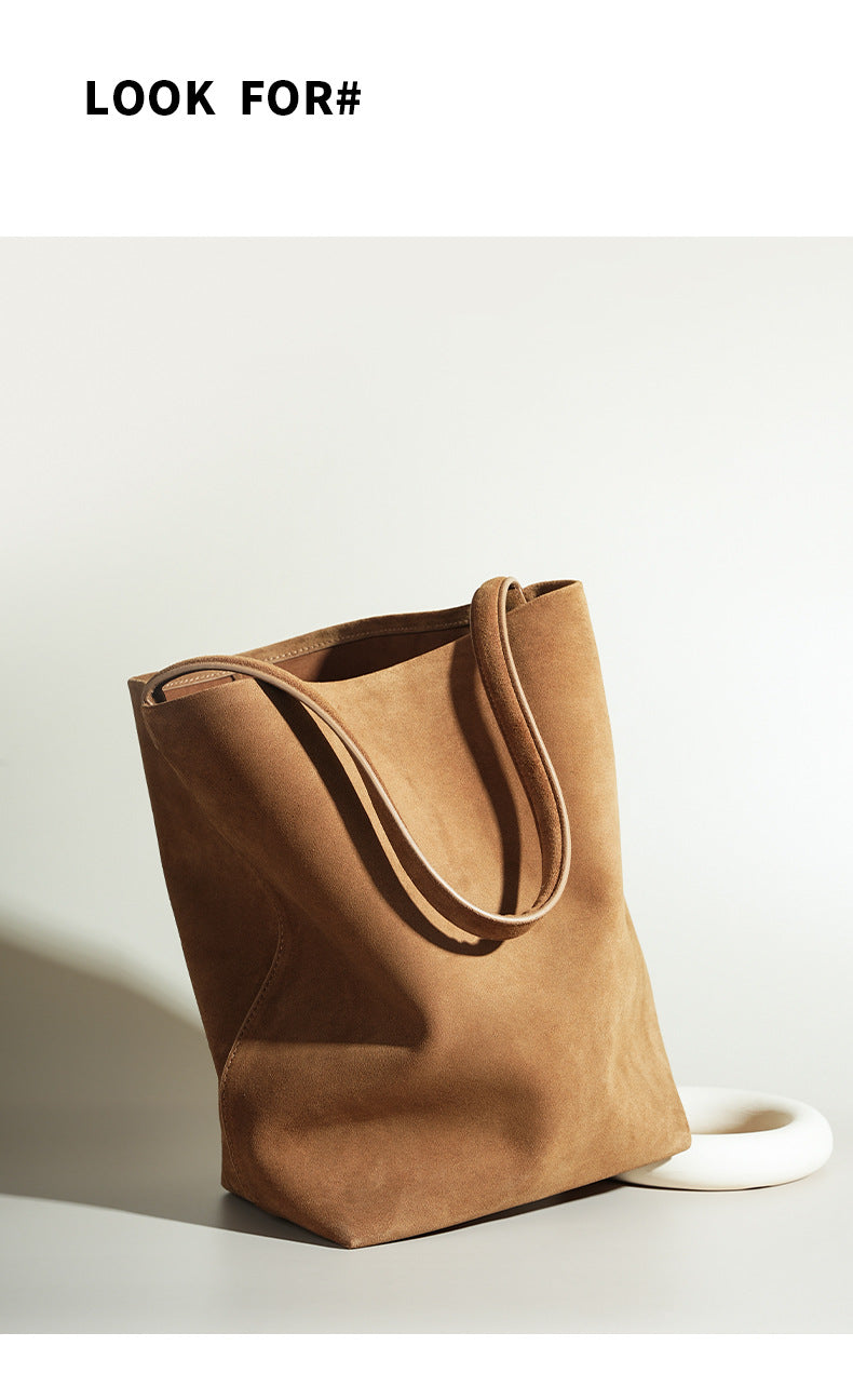 Vintage Suede Bucket Bag Nubuck Leather Handbag Shoulder Tote Large Capacity Work Bag 